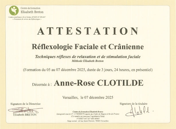 Diplome reflexologie faciale et cranienne anne rose clotilde